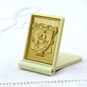 Small Vintage French Portable Saint Christopher in Protective Case and Illuminated Manuscript, Little Christian  Traveler Accessory France
