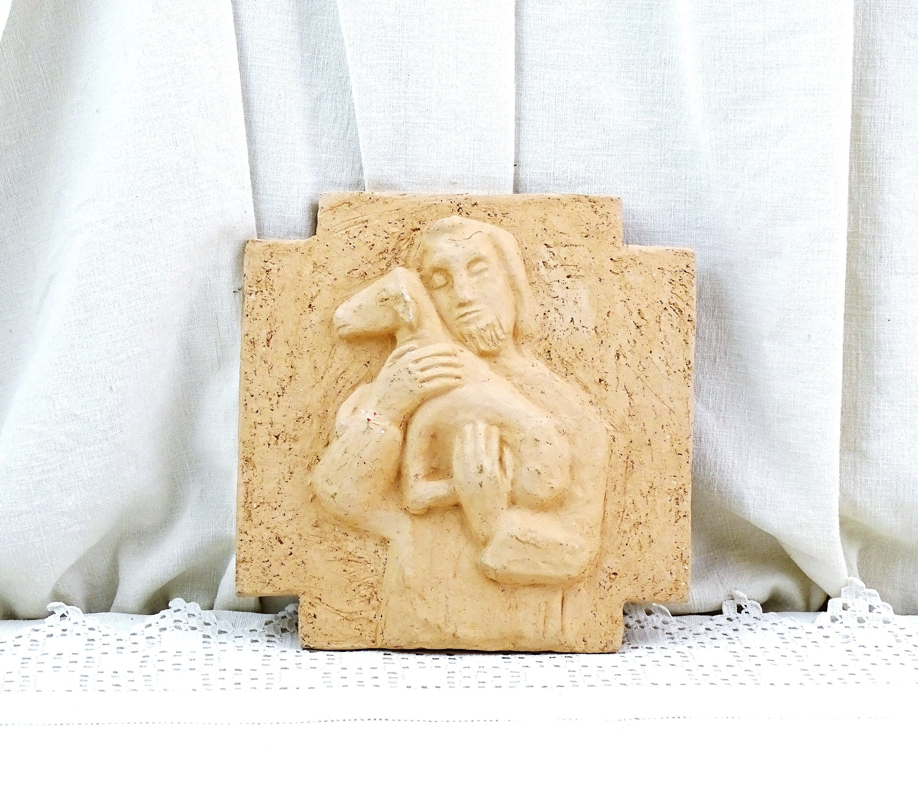 Français Vintage Hand Made Un Glazed Terracotta Wall Tile St Germain Holding A Lamb, Retro Christian