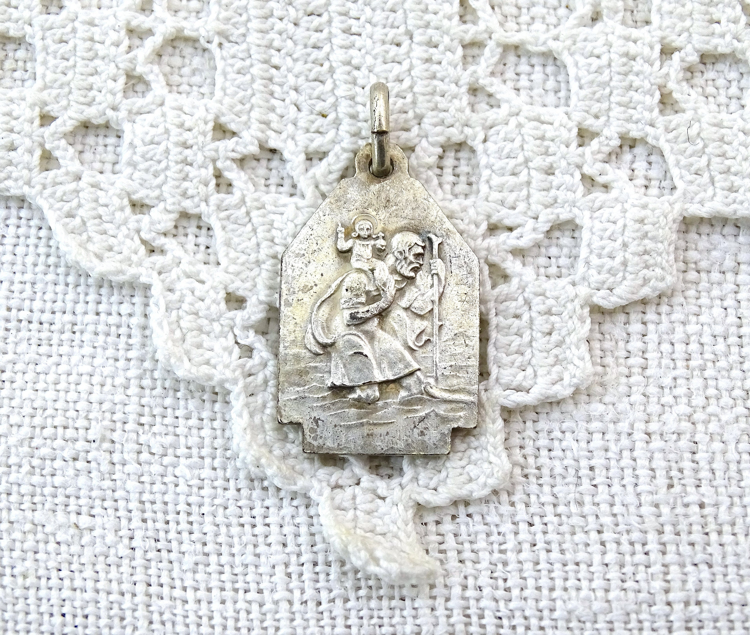 Français Vintage St Christopher et Sainte Thérèse de Lisieux Médaille Religieuse en Métal Plaqué Arg