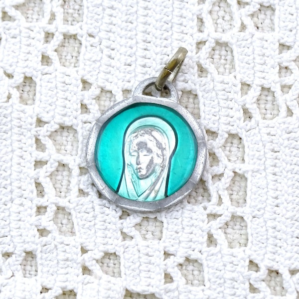French Vintage Religious Saints Medal of Virgin Mary the Massabielle Grotto in Lourdes Turquoise Resin and Silver Tone Metal, Our Lady Charm