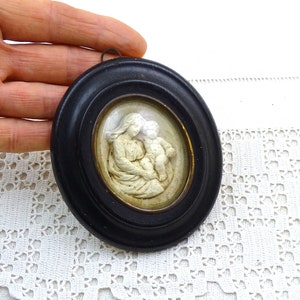 Small French Antique Oval Black Framed Bas Relief Virgin Mary and Child in White Plaster, Vintage Victorian Religious Wall Christian Decor
