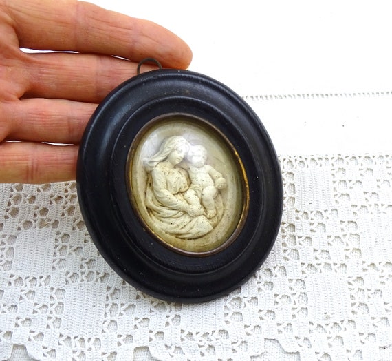 Small French Antique Oval Black Framed Bas Relief Virgin Mary and Child in White Plaster, Vintage Victorian Religious Wall Christian Decor