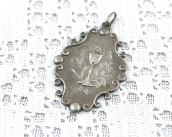 Large Antique Hallmarked Silver Religious Medal from France Engraved BR 1909, Retro Catholic Religion Jewelry Pendant from France