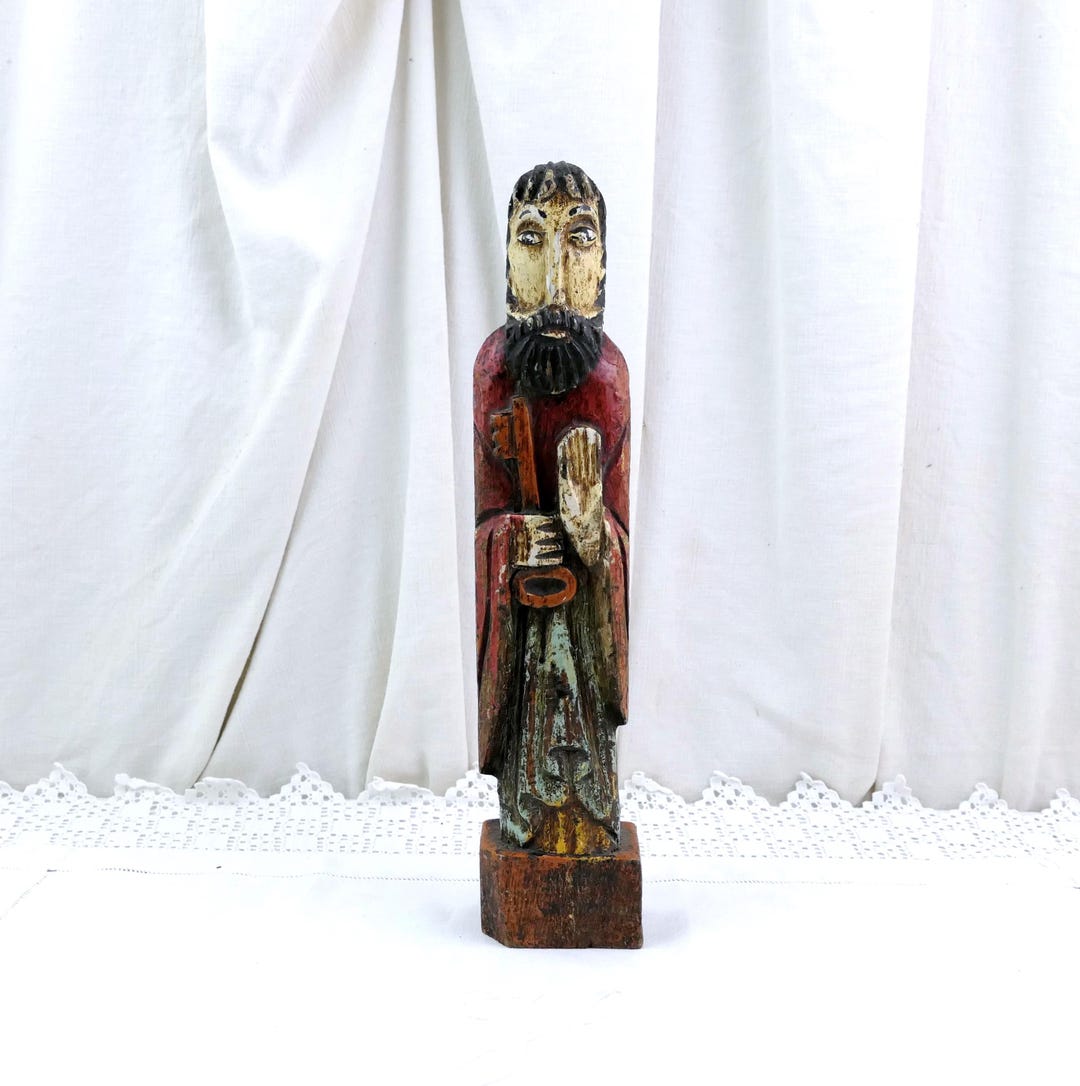 French Vintage Carved Wooden Religious Statue of Saint Peter With Key ...