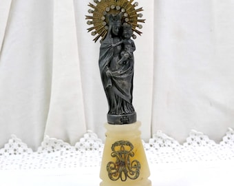 Pequeña estatuilla antigua de la Virgen María y el Niño Jesús con halo y diamantes de imitación, figura retro de Nuestra Señora con el Santo Niño, decoración religiosa