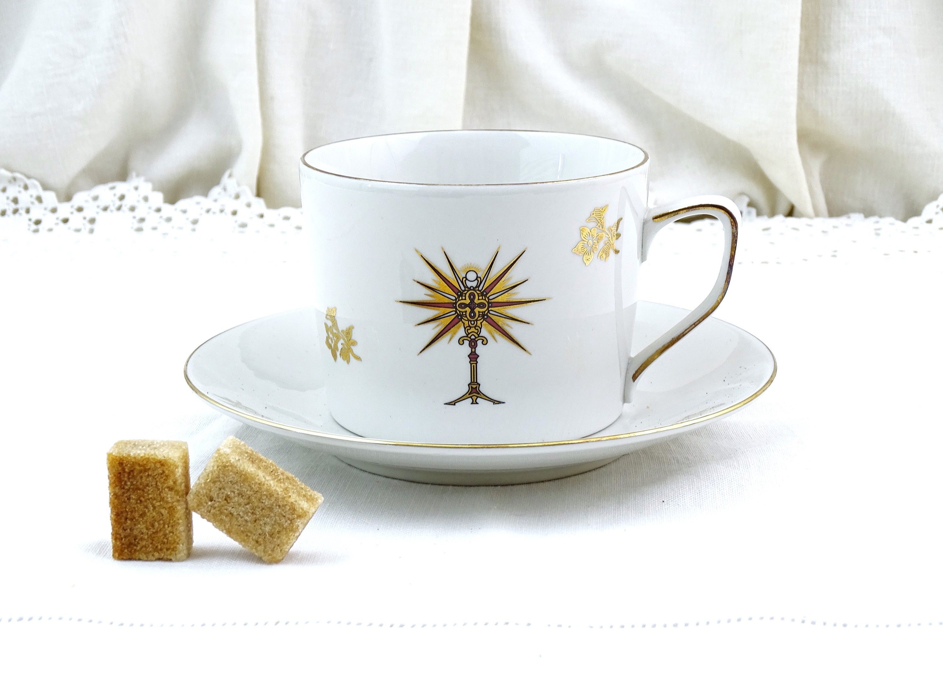 Grande Français Vintage White Ceramic Cup & Saucer With Religious Decoration in Gold, Retro Catholic