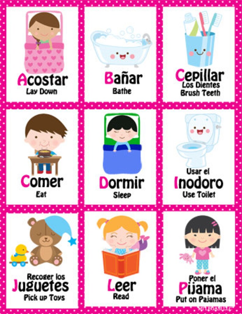 Printable Pink Bedtime Routine Bilingual Spanish Flashcards Etsy
