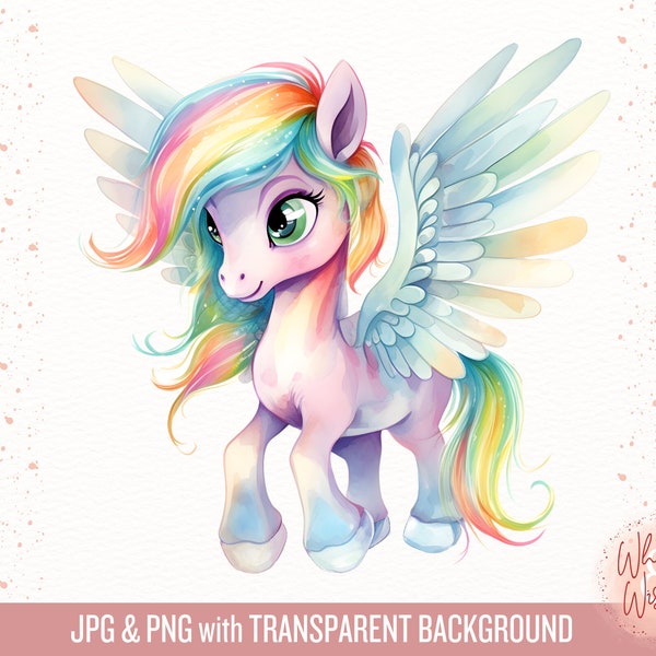 Cute Mythical Pegasus Watercolor Illustration, Cute Mythical Creature Pegasus Illustration, Watercolor PNG