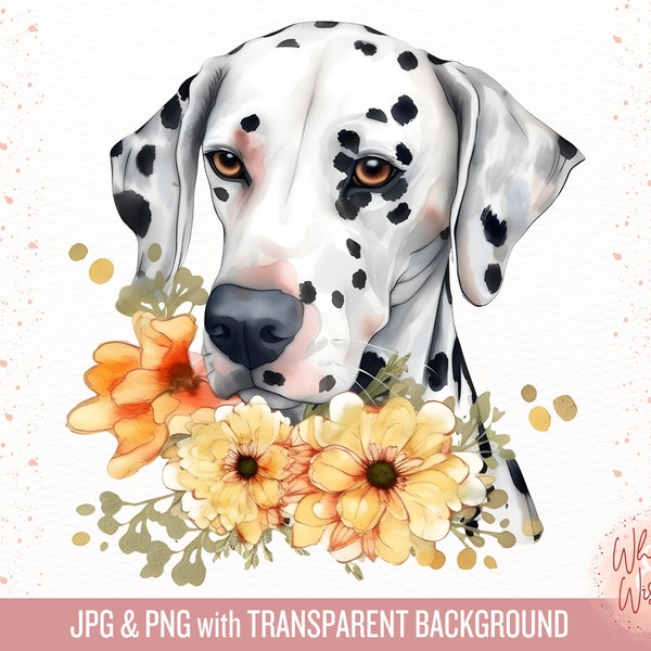 Cute Floral Dalmation Dog Clipart Watercolor Illustration, Cute Dog Breed Illustrations, Watercolor PNG