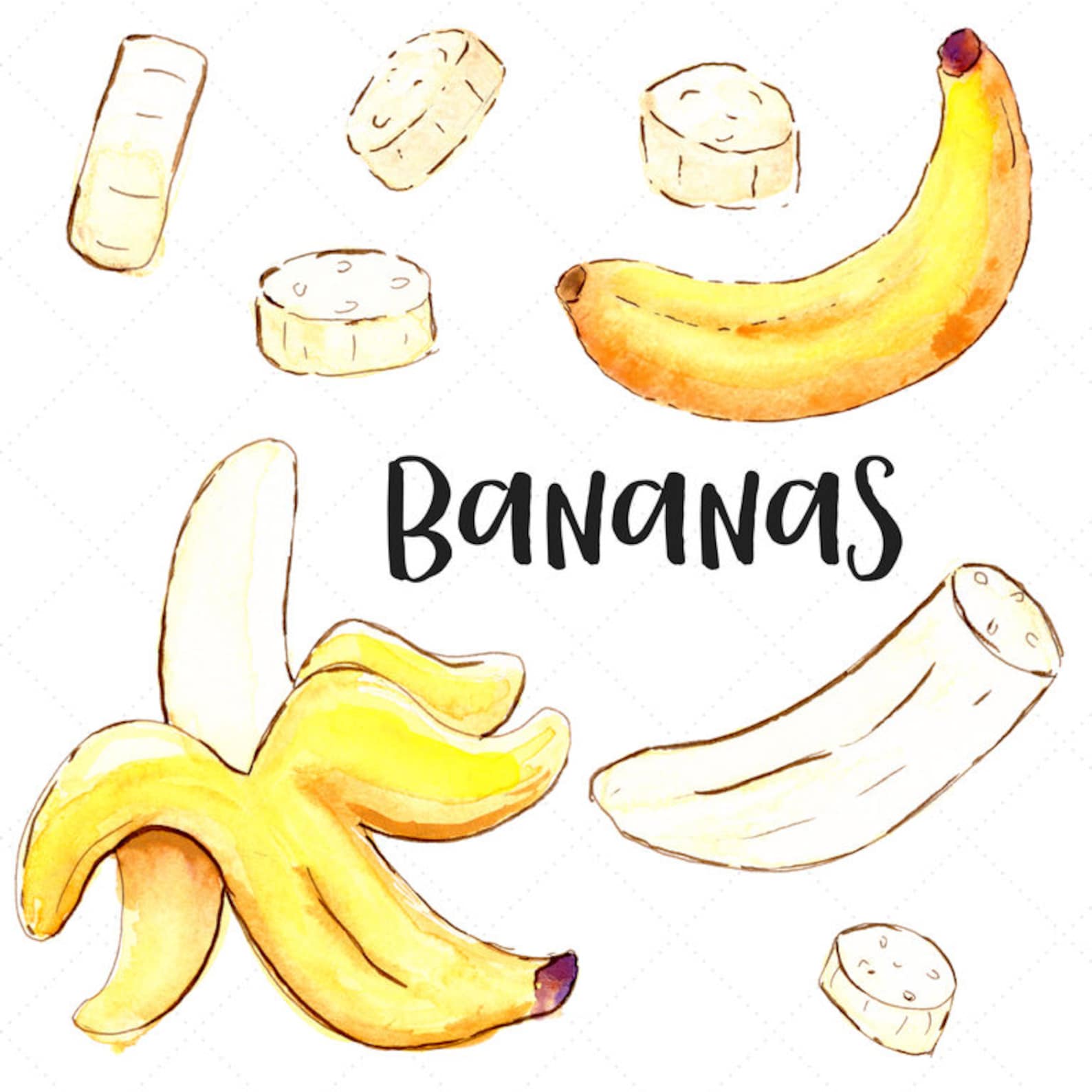 Banana Watercolor Clip Art Watercolor Bananas Banana Clip Etsy