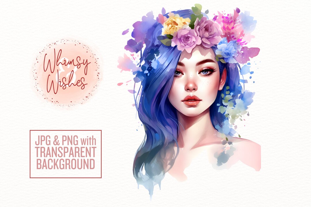 Lovely Blue Haired Wildflower Girl Watercolor Illustration Etsy