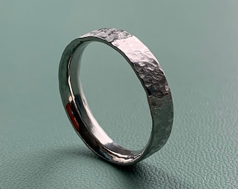 Hammered Stainless Steel  Band - 4mm- Minimalist Mens or Ladies Ring - Wedding Band Ring- Handmade in the UK
