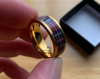 Tartan Gold Plated Tungsten Carbide Ring Wedding Band 8MM / Scottish Tartan Ring / Mens Wedding Band / Scotland / Scottish