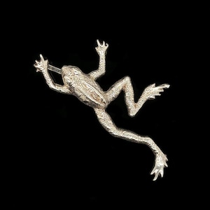 May include: A silver frog ornament with detailed, textured skin and extended limbs. The frog is shown mid-leap, with its legs and arms spread. The background is a plain black, which accentuates the silver's shine.