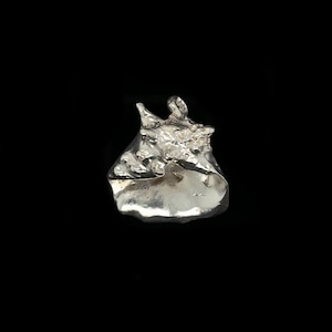 May include: A silver-colored, abstract pendant with a textured, organic design. The pendant has a rough, uneven surface with a smooth, reflective area. The overall shape is irregular and sculptural, set against a black background.