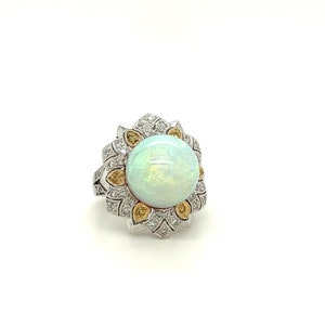 18kt White and Yellow Gold Ring 15 Carat Round Australian Opal & Diamond Ring, Statement Cocktail Ring, Handmade Fine Jewelry