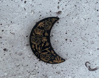 Floral Crescent Moon Wood Magnet