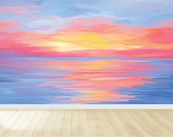 Watercolor Sunset Decal / Wave Wall Mural / Watercolor Ocean Wallpaper / Nursery Decor / Peel and Stick / Removable Wall Decal