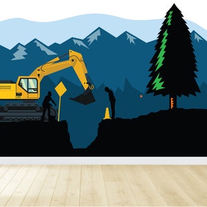 Digger Trucks Mural - Removable Wall Decal - Mountain Wall Mural - Vinyl Wall Decal - Construction Mural - Boys Wall Decal
