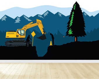 Digger Trucks Mural - Removable Wall Decal - Mountain Wall Mural - Vinyl Wall Decal - Construction Mural - Boys Wall Decal