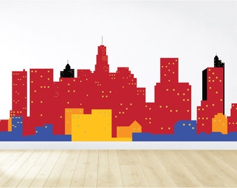 Superhero Wall Decal / Super Hero Decal / Superhero City Mural / City Skyline Decal