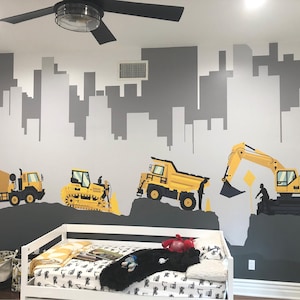 Digger Trucks Mural - Removable Wall Decal - Large Wall Mural - Vinyl Wall Decal - Construction Mural- Boys Wall Decal