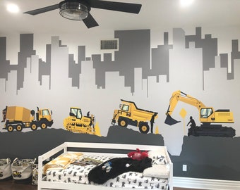 Digger Trucks Mural - Removable Wall Decal - Large Wall Mural - Vinyl Wall Decal - Construction Mural- Boys Wall Decal