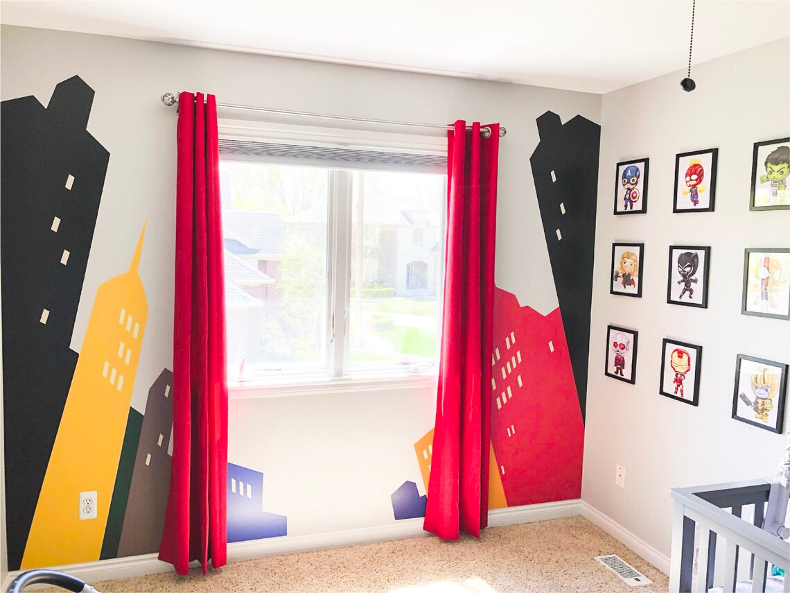 Superhero Wall Decal / Superhero Skyline Wall Decal / Etsy