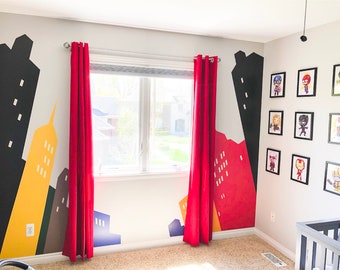 Superhero Wall Decal / Superhero Skyline Wall Decal / Superhero Decor / City Skyline Mural / Peel and Stick Decals / Kids Wall Decal