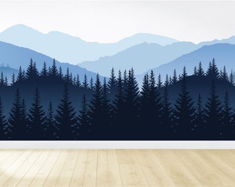 Forest Wall Mural / Forest Wall Decal / Mountain Wall Mural / Large Mural / Forest Wall Decor / Removable Mural