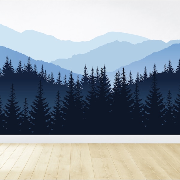 Forest Wall Mural / Forest Wall Decal / Mountain Wall Mural / Large Mural / Forest Wall Decor / Removable Mural