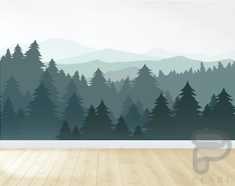 Mountain Wall Decal / Mountain Wall Mural / Woodland Wall Mural / Forest Wall Mural / Pine Tree Wall Decal / Peel and Stick Mural