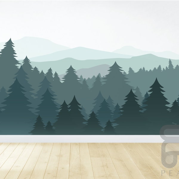 Mountain Wall Decal / Mountain Wall Mural / Woodland Wall Mural / Forest Wall Mural / Pine Tree Wall Decal / Peel and Stick Mural
