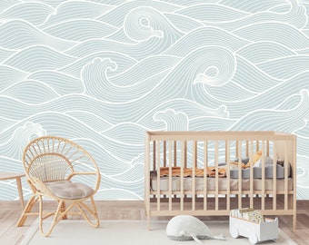Sea Waves Peel and Stick Wallpaper | Removable Blue-White Wave Mural | Self Adhesive or Pre-Pasted Wallpaper | Boho Wall Art