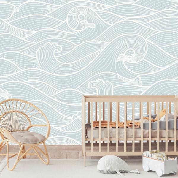 Sea Waves Peel and Stick Wallpaper | Removable Blue-White Wave Mural | Self Adhesive or Pre-Pasted Wallpaper | Boho Wall Art