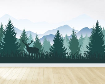 Removable Mountain Wall Decal / Mountain Wall Mural / Woodland Wall Decal / Forest Wall Mural / Peel and Stick Wall Mural