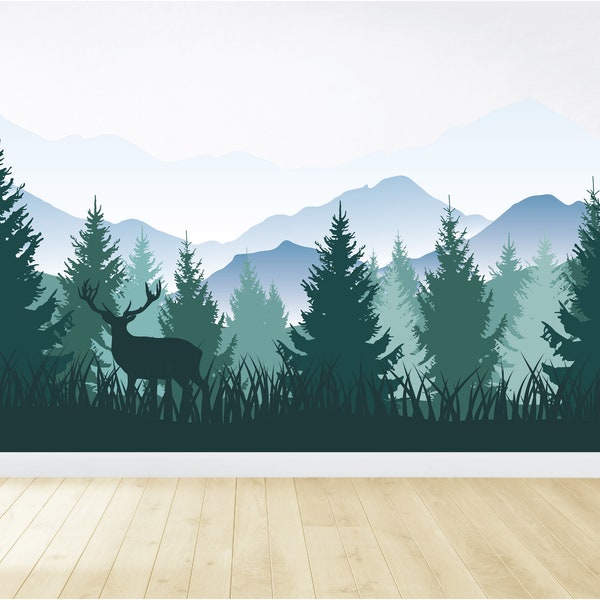 Rimovibile Mountain Wall Decal / Mountain Wall Mural / Woodland Wall Decal / Forest Wall Mural / Peel and Stick Wall Mural