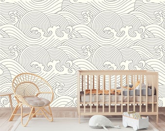 Vintage Waves Peel and Stick Wallpaper | Removable Ivory-Beige Mural | Self Adhesive or Pre-Pasted Wallpaper | Boho Wall Art