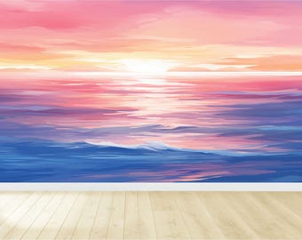 Watercolor Sunset Decal / Wave Wall Mural / Watercolor Ocean Wallpaper / Nursery Decor / Peel and Stick / Removable Wall Decal