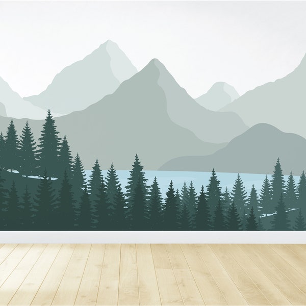 Mountain Wall Decal / Nursery Wall Decor / Mountain Mural / Woodland Mural / Forest Decal / Peel and Stick