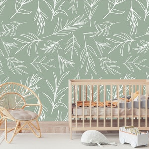 Sage Modern Leaves Peel and Stick Wallpaper | Tropical Minimalistic Removable Mural | Self Adhesive or Pre-Pasted Wallpaper | Boho Wall Art