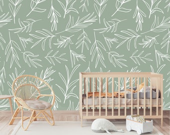 Sage Modern Leaves Peel and Stick Wallpaper | Tropical Minimalistic Removable Mural | Self Adhesive or Pre-Pasted Wallpaper | Boho Wall Art