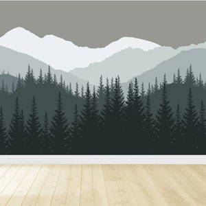 Mountain Wall Decal / Mountain Wall Mural / Woodland Wall Mural / Forest Wall Mural / Pine Tree Wall Decal / Peel and Stick Mural