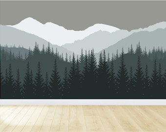 Mountain Wall Decal / Mountain Wall Mural / Woodland Wall Mural / Forest Wall Mural / Pine Tree Wall Decal / Peel and Stick Mural