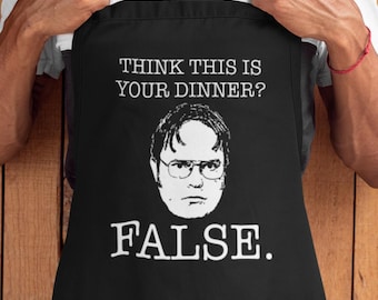 Funny Dwight Schrute Apron – FALSE Dinner BBQ Apron with Pockets – The Office Gift for Men – Grilling Gag Gift – Cooking Apron for Dad