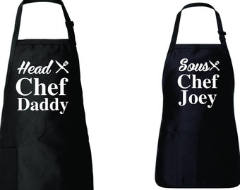 Tabliers assortis, tablier de cuisine pour hommes et enfants, tablier personnalisé de chef et de sous-chef, ensemble de tablier de cuisine, fête des pères, cadeaux pour papa