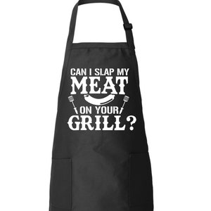 Can I Slap My Meat On Your Grill Funny Kitchen BBQ Apron Gift Father&#39;s Day Mother&#39;s Day