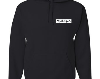 thumbnail interactive-video image 1 of Dark MAGA Rock Hoodie – Trump Fight Make America Great Again. Gildan Heavy Blend Crew Neck Sweatshirt. Made In USA, Graphic Print, Drawstring Closure. 1 of 5