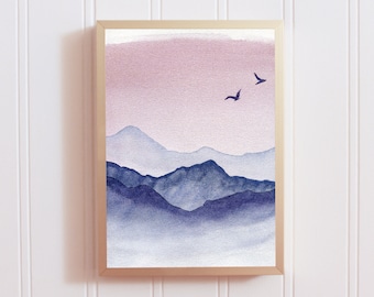 Boho Landscape Print, Birds Flying Print, Pastel Mountain Print, Boho Mountain Wall Art, Pastel Painting, Pastel Landscape Print