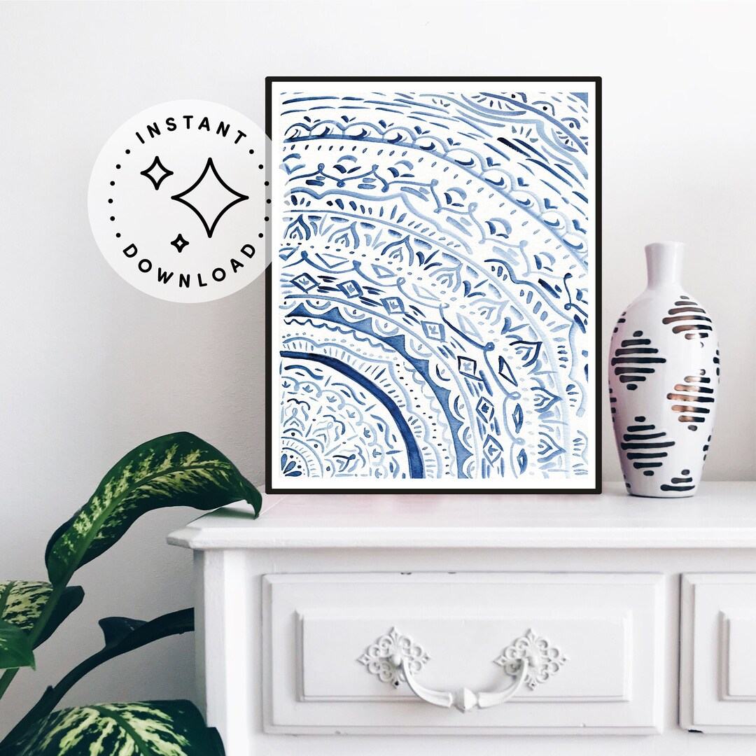 Navy Blue Abstract Wall Art Boho Printable Art Blue Mandala - Etsy
